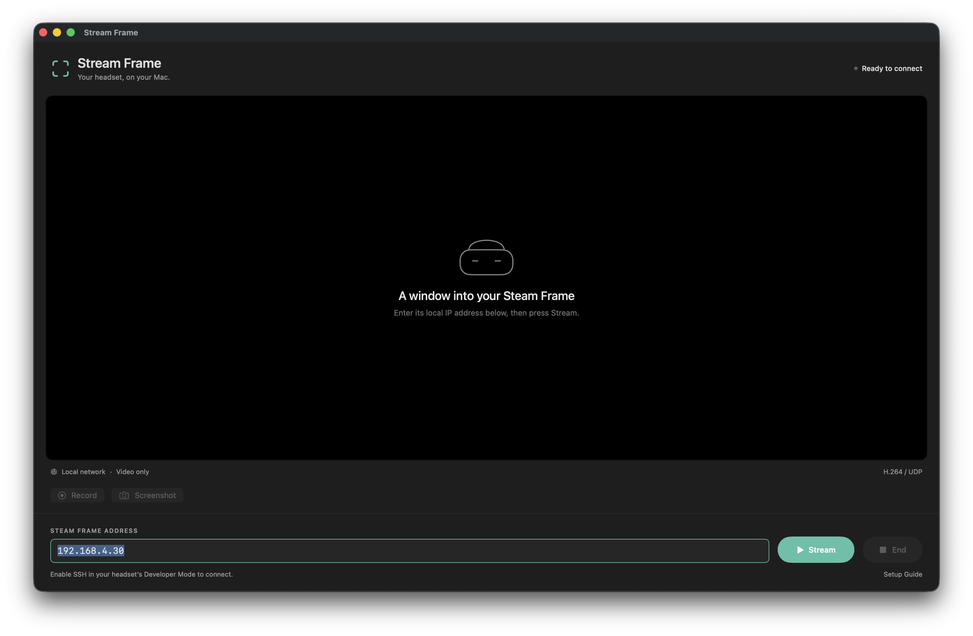 Stream Frame for macOS, with its video preview, Record and Screenshot controls, headset address field, and Stream and End buttons.