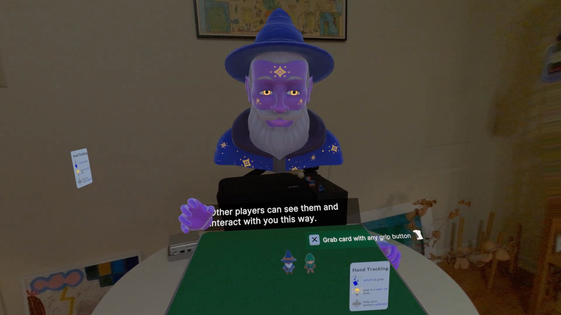 A captured Steam Frame view showing a wizard avatar above a virtual tabletop.